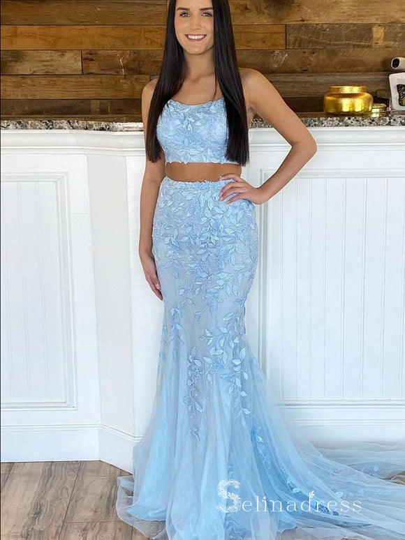 Chic Two Pieces Mermaid Spaghetti Straps Lace Prom Dresses Light Sky Blue Evening Gowns MHL2878|Selinadress