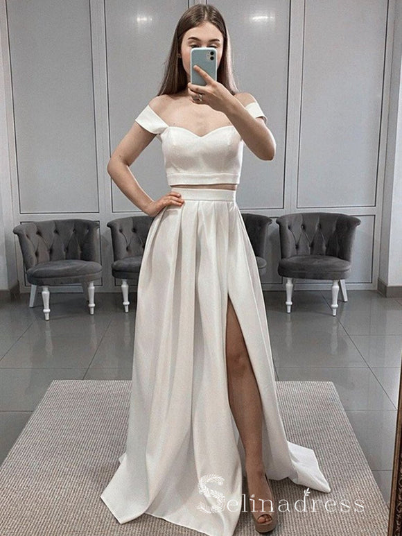 Chic Two Pieces Off-the-shoulder Prom Dresses Satin Prom Dress Evening Dress CBD236|Selinadress