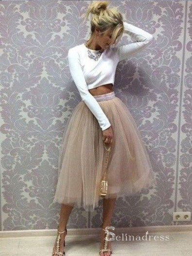 Chic Two Pieces Scoop Long Sleeve Homecoming Dress White Short Prom Dresses MHL041|Selinadress