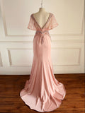 Chic V neck Mermaid  Long Prom Dress Pink Beaded Party Dress #SED154