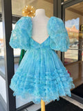 A-line Puff Sleeve Beautiful Blue Short Prom Dress Cute Tulle Homecoming Dress lop248|Selinadress