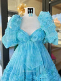 A-line Puff Sleeve Beautiful Blue Short Prom Dress Cute Tulle Homecoming Dress lop248|Selinadress