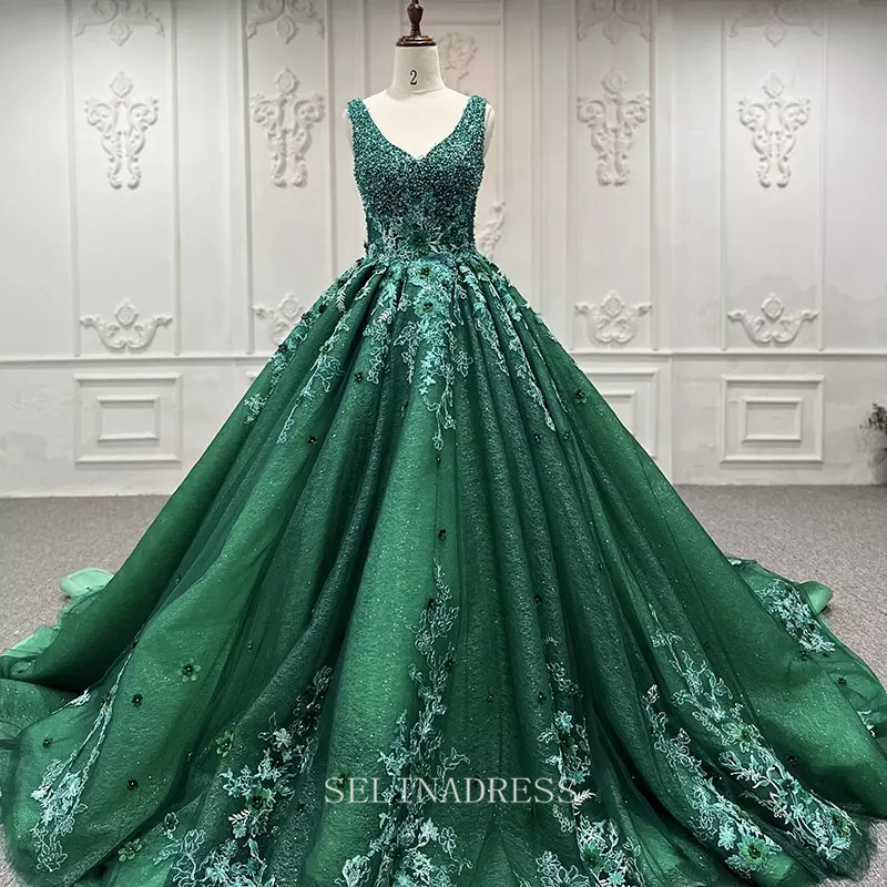 Crystal Flower Green Beaded Evening Party Dress Quincess Prom Gowns Dr SELINADRESS Crystal Flower Green Beaded Evening Party Dress Quincess Prom Gowns Dr SELINADRESS