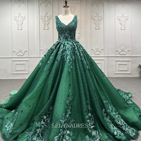 Crystal Flower Green Beaded Evening Party Dress Quincess Prom Gowns Dress LS9832 Selinadress