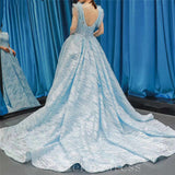 Custom Made Blue Bateau Neck Formal Gowns Sleeveless Handmade Flowers Evening Gowns #SED212