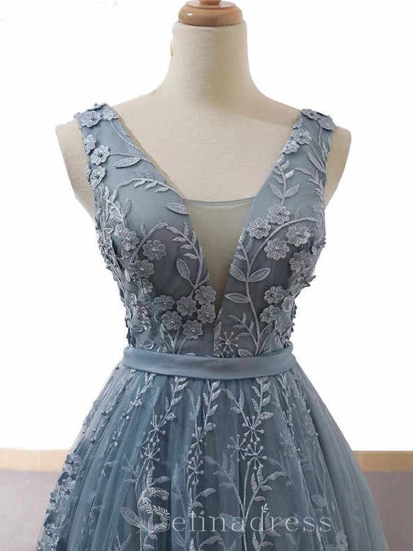 Custom Made V neck Dusty Blue Long Formal Gowns Sleeveless Evening Gow SELINADRESS Custom Made V neck Dusty Blue Long Formal Gowns Sleeveless Evening Gow SELINADRESS