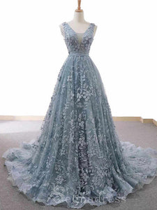 Custom Made V neck Dusty Blue Long Formal Gowns Sleeveless Evening Gowns With Floral Lace #SED213