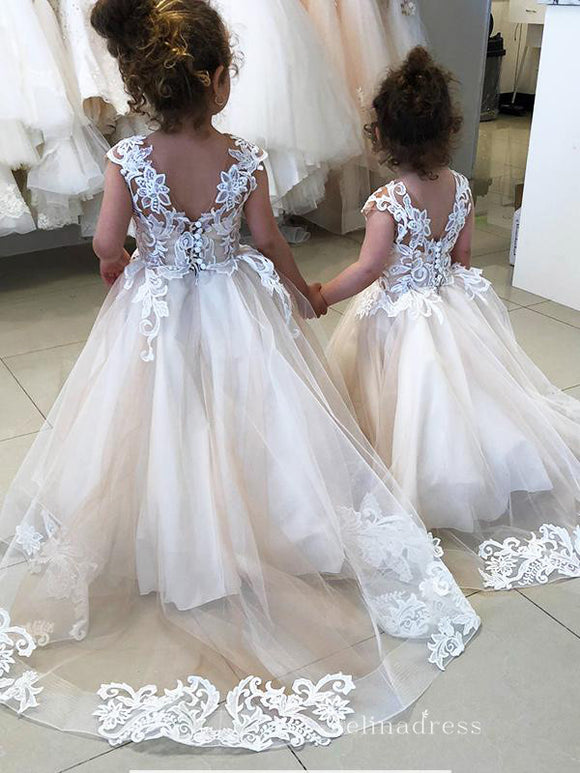 Cute Champagne Applique Princess Flower Girl Dresses With Train GRS034|Selinadress