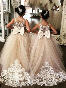 Cute Champagne Lace Princess Long Train Flower Girl Dresses With