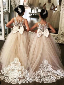 Cute Champagne Lace Princess Long Train Flower Girl Dresses With Bowknot GRS032|Selinadress