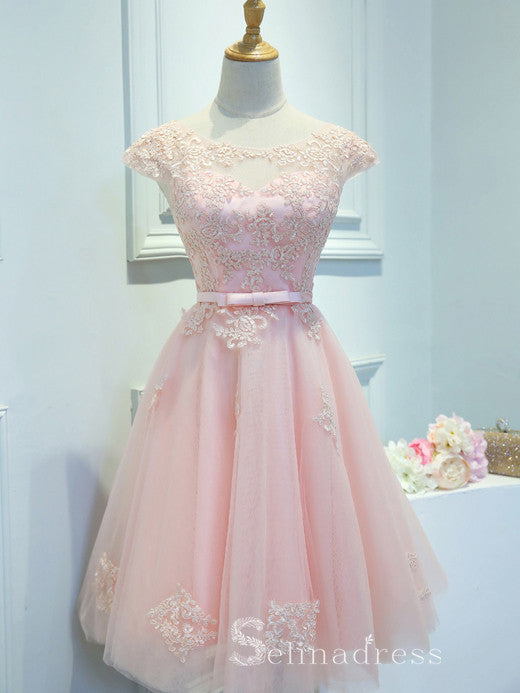 Cute Scoop Neck Short Ptom Dress With Cap Sleeve Blushing Pink Homecoming Dresses MHL039