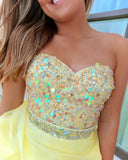 Daffodil Sweetheart Organza Short Prom Dresses Beaded Homecoming Dress MHL108