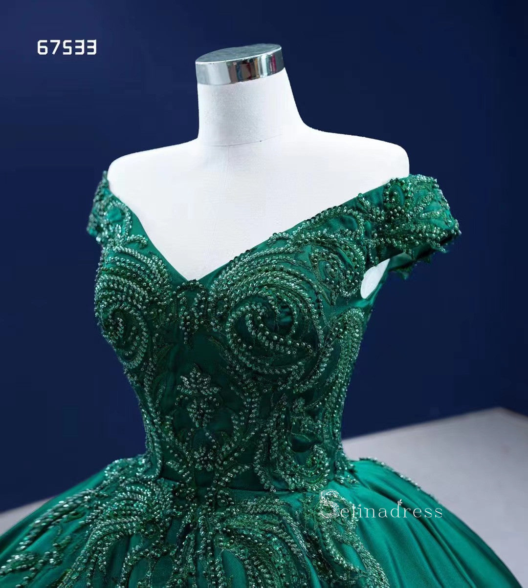 Dark Green Off-the-shoulder Ball Gown Beaded Quince Dresses Satin Fora SELINADRESS Dark Green Off-the-shoulder Ball Gown Beaded Quince Dresses Satin Fora SELINADRESS