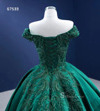 Dark Green Off-the-shoulder Ball Gown Beaded Quince Dresses Satin Foraml Dress RSM67533|Selinadress