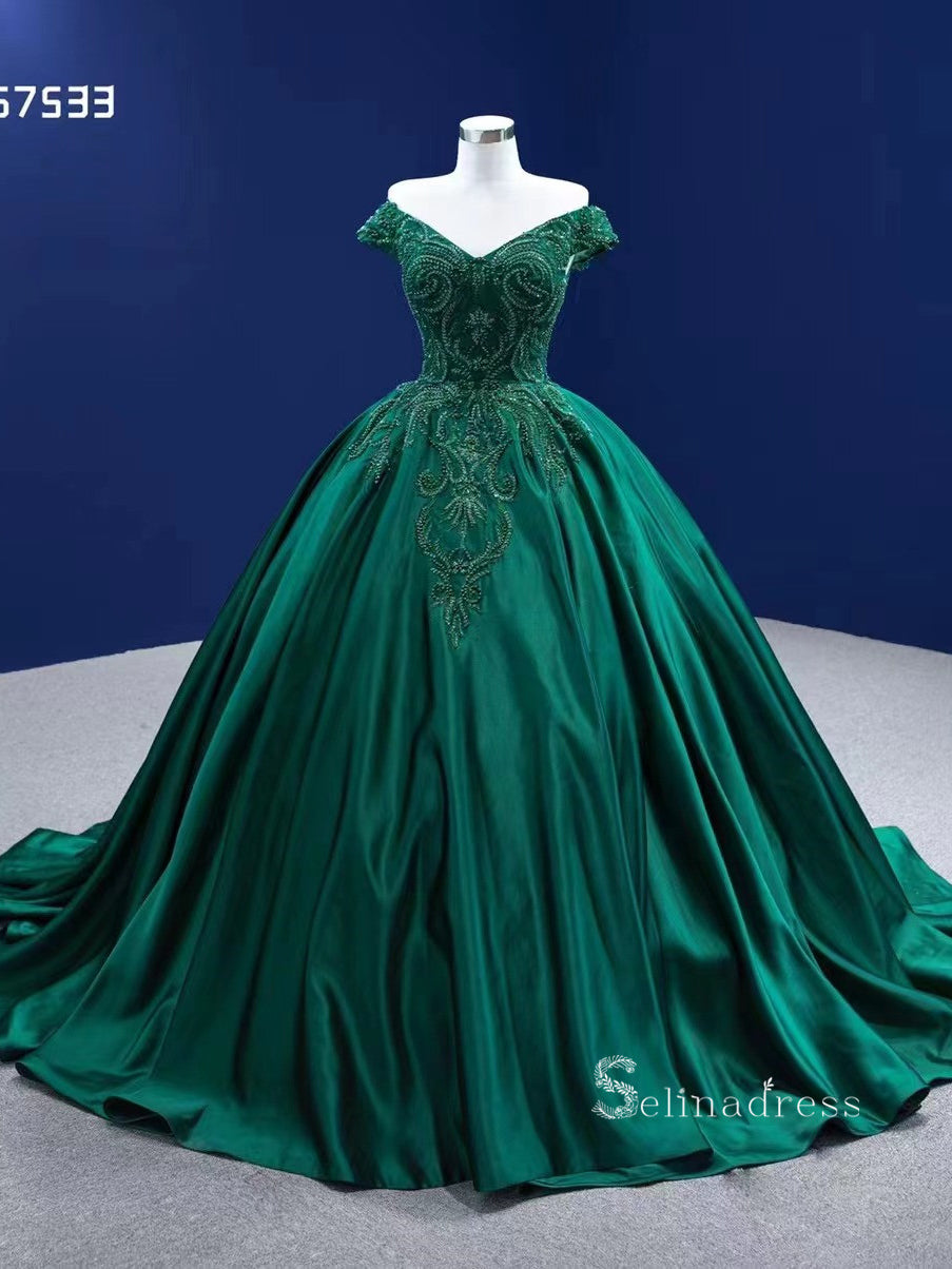 Off the Shoulder Green Satin Prom Ball Gowns with Black Lace Long Sleeves  2018