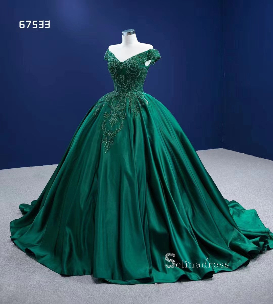 Sparkly Green Ball Gowns Gold Lace Appliqued Wedding Dresses with Slee –  Viniodress