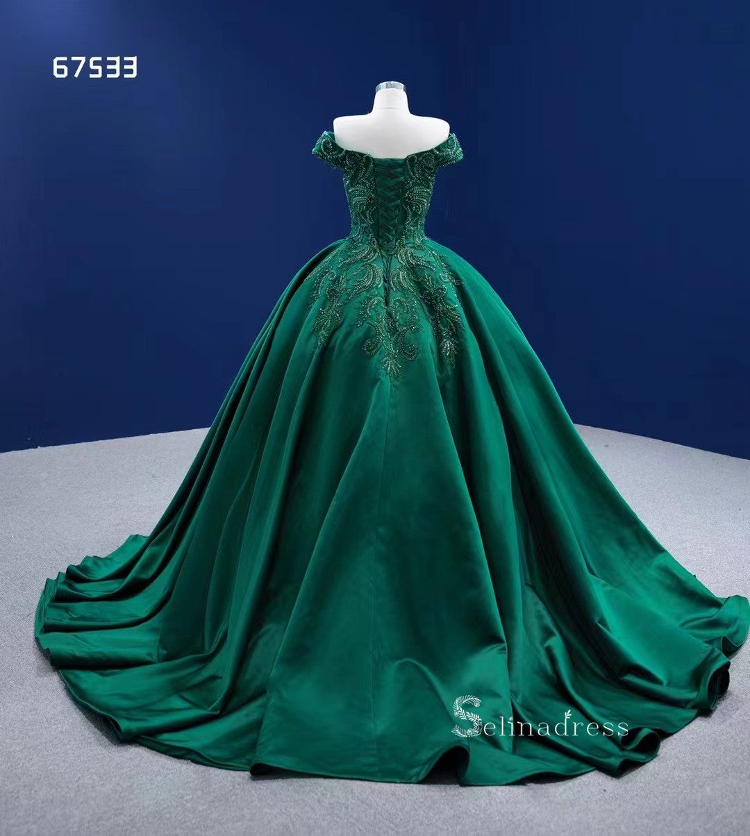 Dark Green Off-the-shoulder Ball Gown Beaded Quince Dresses Satin Fora SELINADRESS Dark Green Off-the-shoulder Ball Gown Beaded Quince Dresses Satin Fora SELINADRESS