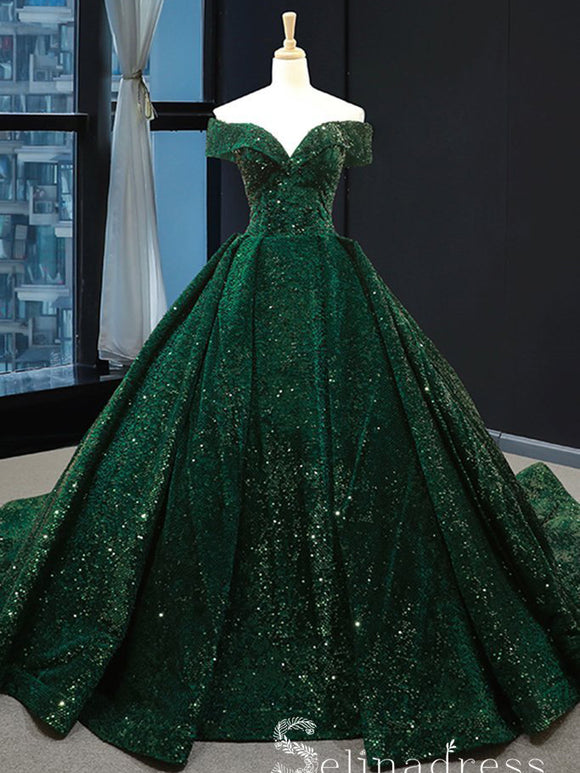 Dark Green Sparkly Prom Dresses Ball Gown Sequins Quinceanera Long Formal Evening Gowns SED067