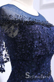 Dark Navy A-line Floral Lace Long Beaded Prom Dress Long Formal Evening Gowns SED050