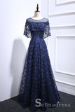 Dark Navy A-line Floral Lace Long Beaded Prom Dress Long Formal Evening Gowns SED050|Selinadress