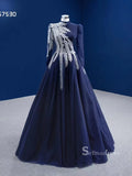 Dark Navy High Neck Ball Gown Modest Long Sleeve Formal Dresses RSM67530|Selinadress