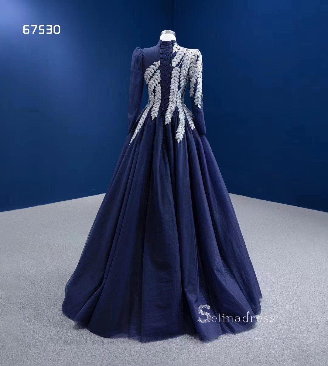 Dark Navy High Neck Ball Gown Modest Long Sleeve Formal Dresses RSM675 SELINADRESS Dark Navy High Neck Ball Gown Modest Long Sleeve Formal Dresses RSM675 SELINADRESS