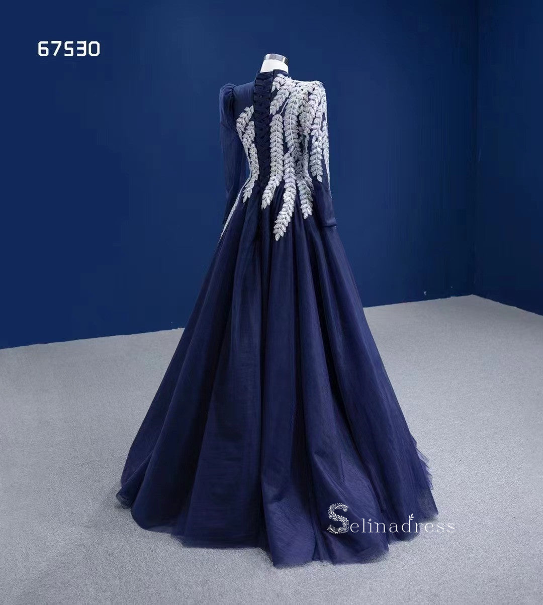 Dark Navy High Neck Ball Gown Modest Long Sleeve Formal Dresses RSM675 SELINADRESS Dark Navy High Neck Ball Gown Modest Long Sleeve Formal Dresses RSM675 SELINADRESS