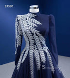 Dark Navy High Neck Ball Gown Modest Long Sleeve Formal Dresses RSM67530|Selinadress