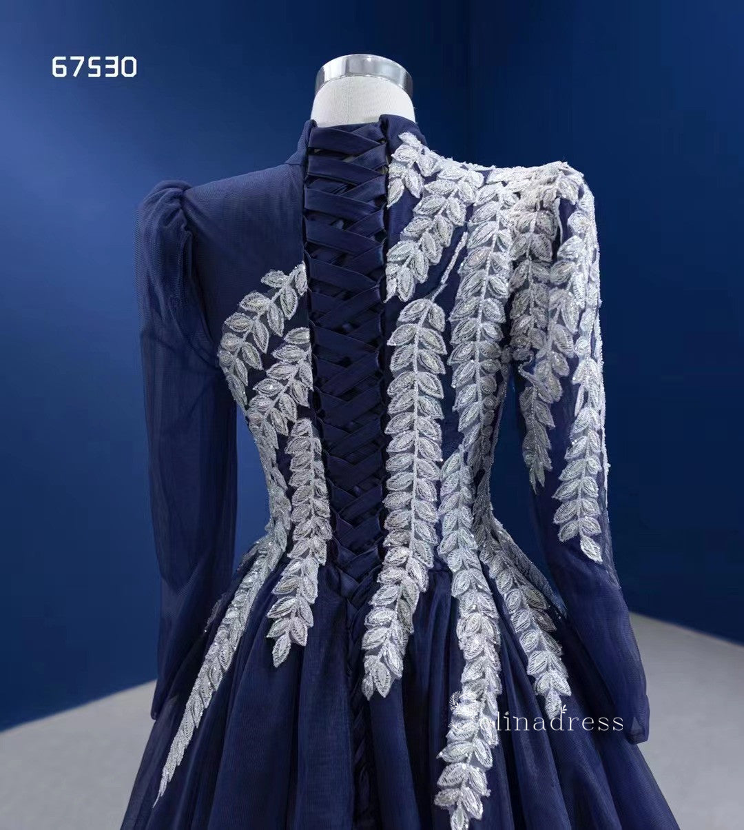 Dark Navy High Neck Ball Gown Modest Long Sleeve Formal Dresses RSM675 SELINADRESS Dark Navy High Neck Ball Gown Modest Long Sleeve Formal Dresses RSM675 SELINADRESS