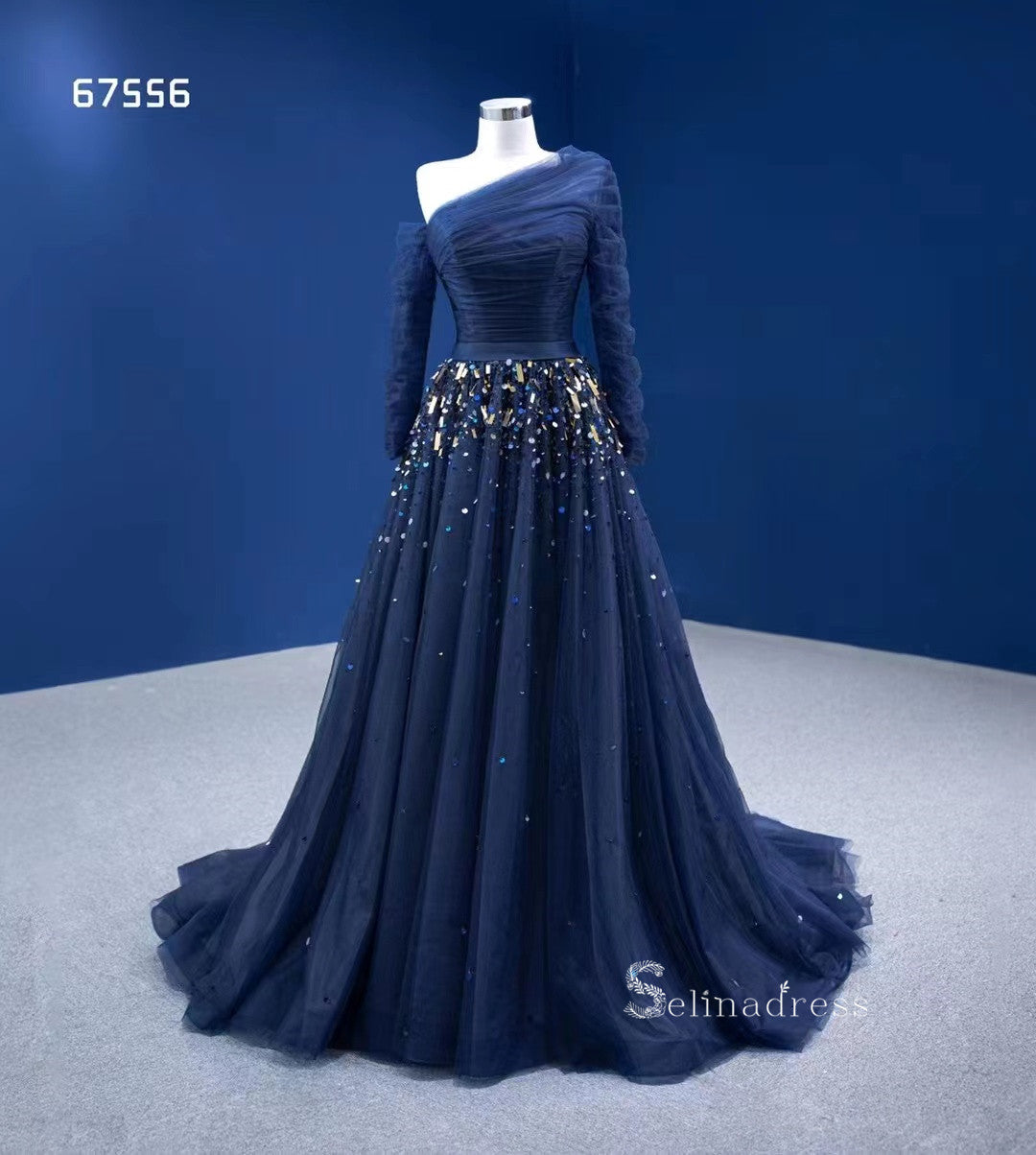 Dark Navy One Shoulder Long Sleeve Beaded Prom Dresses Tulle Evening D SELINADRESS Dark Navy One Shoulder Long Sleeve Beaded Prom Dresses Tulle Evening D SELINADRESS