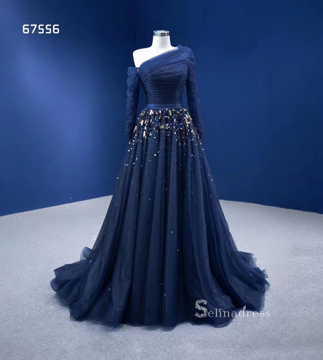 Dark Navy One Shoulder Long Sleeve Beaded Prom Dresses Tulle Evening D SELINADRESS Dark Navy One Shoulder Long Sleeve Beaded Prom Dresses Tulle Evening D SELINADRESS