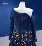 dark-navy-one-shoulder-long-sleeve-beaded-prom-dresses-tulle-evening-dress-rsm67556|Selinadress