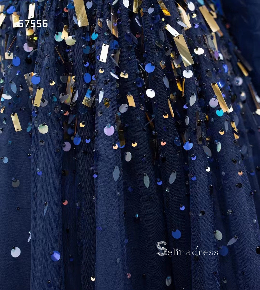 Dark Navy One Shoulder Long Sleeve Beaded Prom Dresses Tulle Evening D SELINADRESS Dark Navy One Shoulder Long Sleeve Beaded Prom Dresses Tulle Evening D SELINADRESS