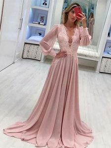 Deep V Neck Long Sleeve Prom Dresses A Line Chiffon Pink Prom Dress Long Evening Dress #SED196 | Selinadress