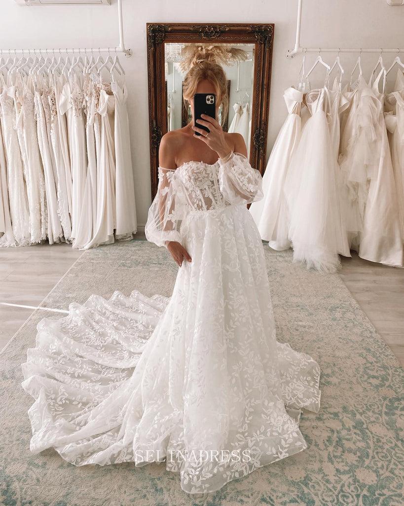 Detachable Puff Sleeve Sweetheart Wedding Dresses Cathedral Train A-li –  SELINADRESS