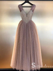 Dusty Pink Sparkly Long Prom Dresses Beaded Tulle Princess Formal Gowns Evening Dress SED020|Selinadress