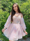 A-line Off-the-shoulder Sparkly Cute Homecoming Dress Short Prom Dresses eds1018