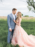 Elegant A-line V neck Peach 3DLace Beaded Long Prom Dresses Formal Gowns SDL001