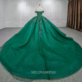 Elegant Off Shoulder Green Beaded Sequins Ball Gown Evening Dress For Women DY9957|Selinadress