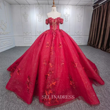 Elegant Off the Shoulder Beaded Ball Gown Red Evening Dress For Women DY9973|Selinadress