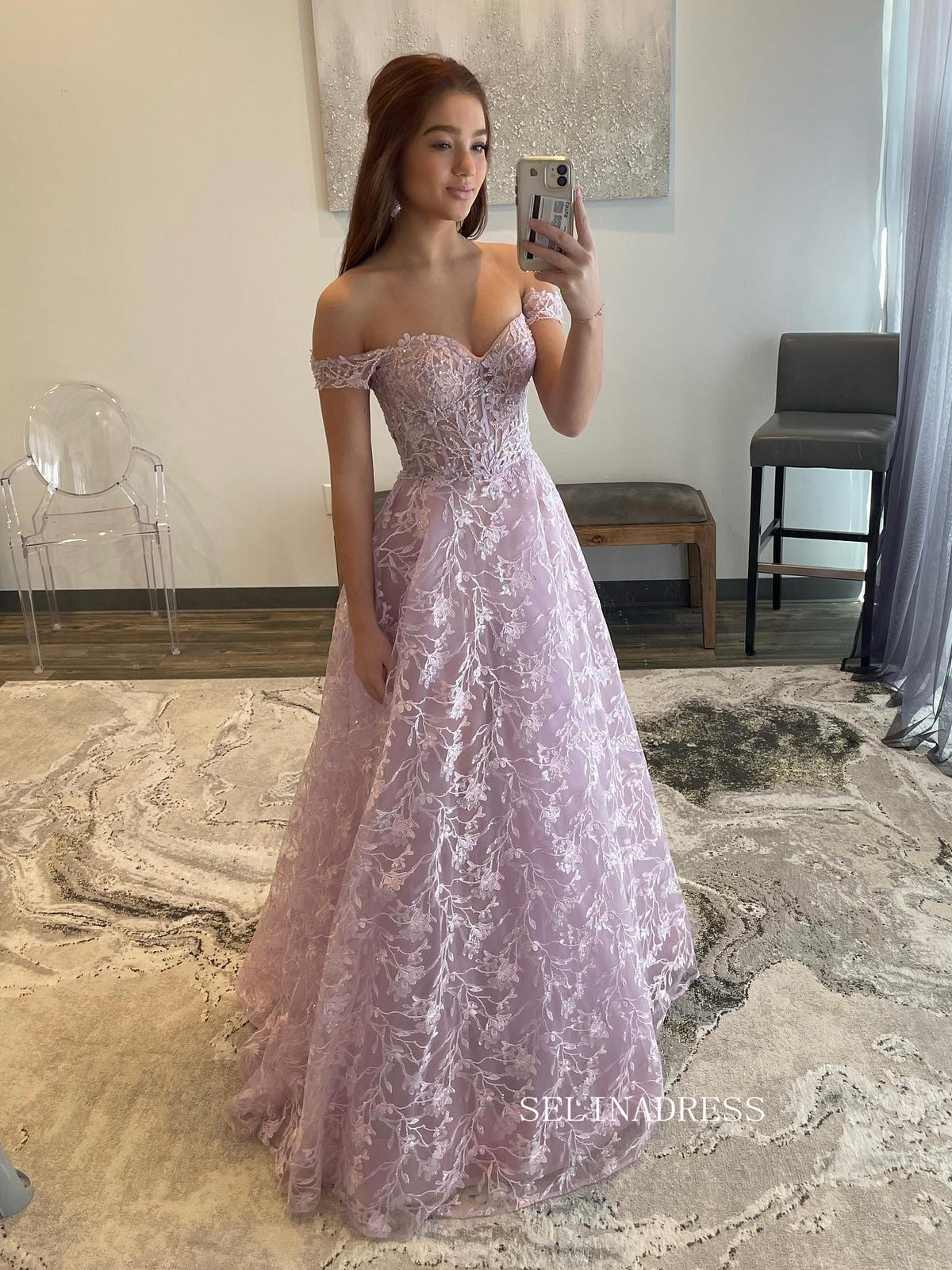 Elegant Off-the-shoulder Lace Long Prom Dress Lilac Formal Dress Eveni SELINADRESS Elegant Off-the-shoulder Lace Long Prom Dress Lilac Formal Dress Eveni SELINADRESS