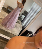 Elegant Off-the-shoulder Lace Long Prom Dress Lilac Formal Dress Evening Dress #JKP005