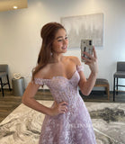 Elegant Off-the-shoulder Lace Long Prom Dress Lilac Formal Dress Evening Dress #JKP005