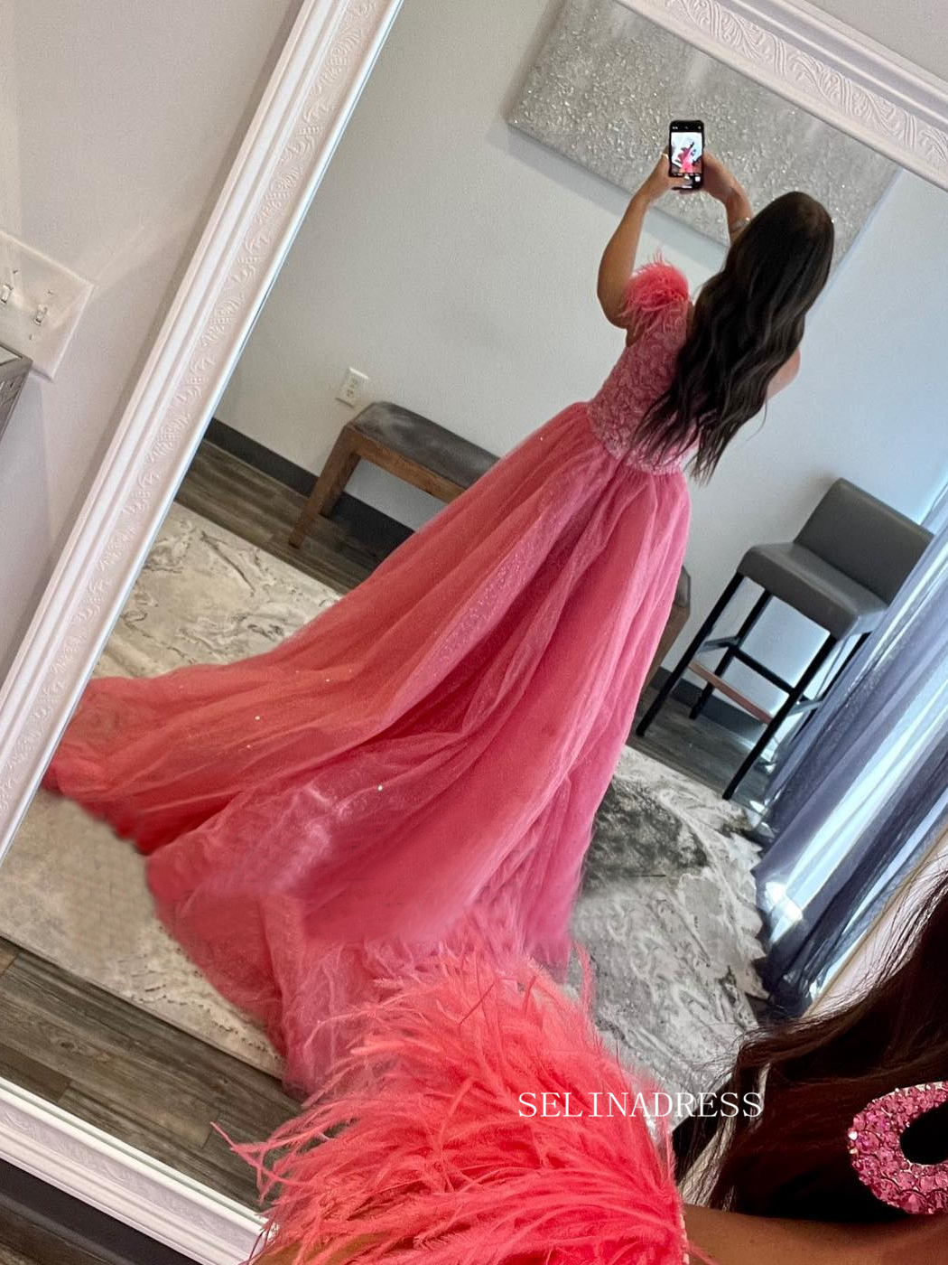 Elegant One Shoulder Prom Dress Pink Feather Formal Dress Pageant Dres SELINADRESS Elegant One Shoulder Prom Dress Pink Feather Formal Dress Pageant Dres SELINADRESS