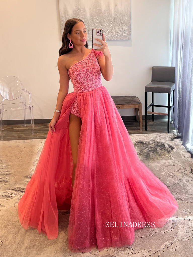 Elegant One Shoulder Prom Dress Pink Feather Formal Dress Pageant Dres SELINADRESS Elegant One Shoulder Prom Dress Pink Feather Formal Dress Pageant Dres SELINADRESS