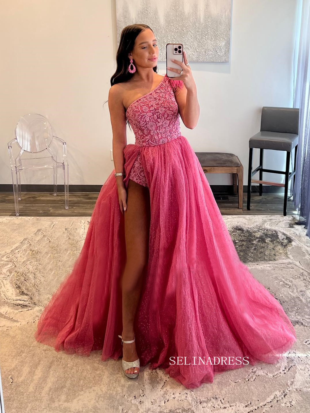 Elegant One Shoulder Prom Dress Pink Feather Formal Dress Pageant Dres SELINADRESS Elegant One Shoulder Prom Dress Pink Feather Formal Dress Pageant Dres SELINADRESS