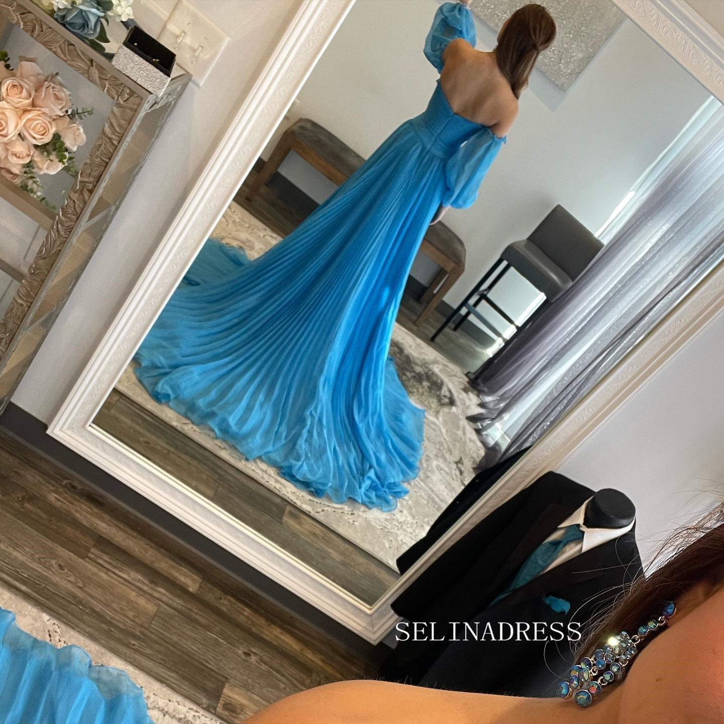 Elegant Puff Sleeve Chiffon Prom Dress Blue Formal Dress Pageant Dress SELINADRESS Elegant Puff Sleeve Chiffon Prom Dress Blue Formal Dress Pageant Dress SELINADRESS