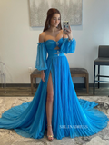 Elegant Puff Sleeve Chiffon Prom Dress Blue Formal Dress Pageant Dress #JKP002|Selinadress