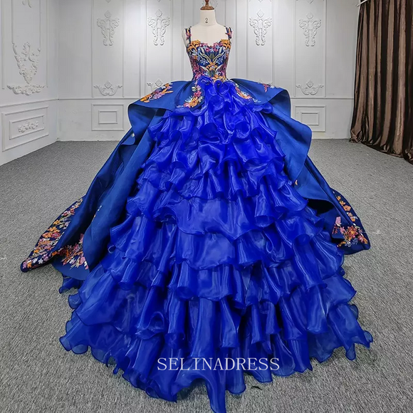 Elegant Royal Blue Beaded Ball Gown Organza Sequins Evening Dress For Women DY9967|Selinadress