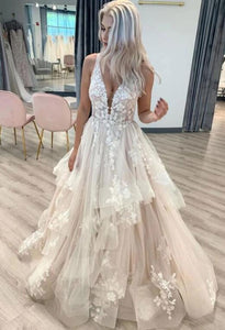 Elegant V Neck Ball Gown Lace Rustic Wedding Dresses Appliques Tired KPW001|Selinadress